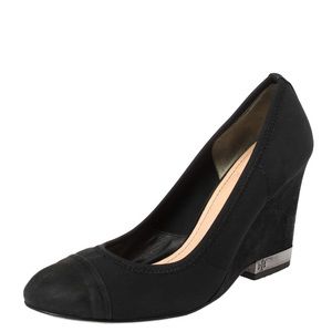 Tory Burch Astoria Black Suede Leather Cap Toe Slip-On Wedge Heel Pumps
